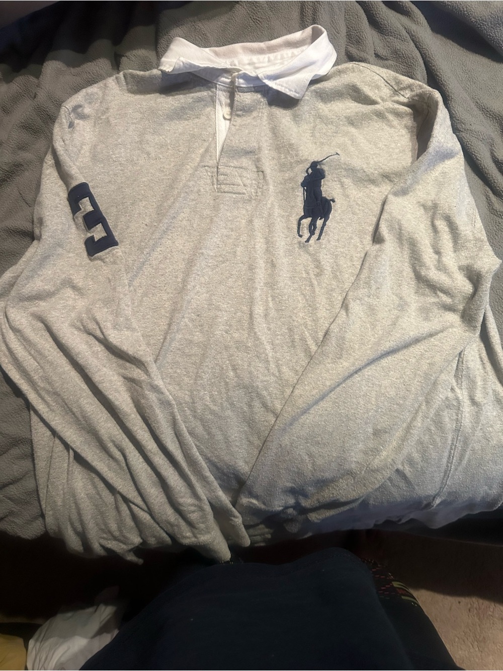 Ralph Lauren Light Gray Long-Sleeve Polo with White Collar and Navy Logo